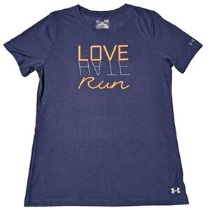 UNDER ARMOUR LOVE‎ HATE RUN Women Small Blue Loose Heatgear Rayon Blend Tee NEW